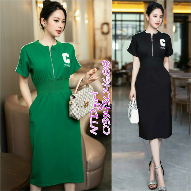 Hàng nhập - Đầm thun dáng ôm phối viền trắng in logo, váy body cổ tròn tay ngắn bo eo