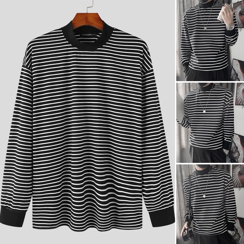 INCERUN Áo Thun Nam Dài Tay Cổ Cao Sọc Ngang Thời Trang