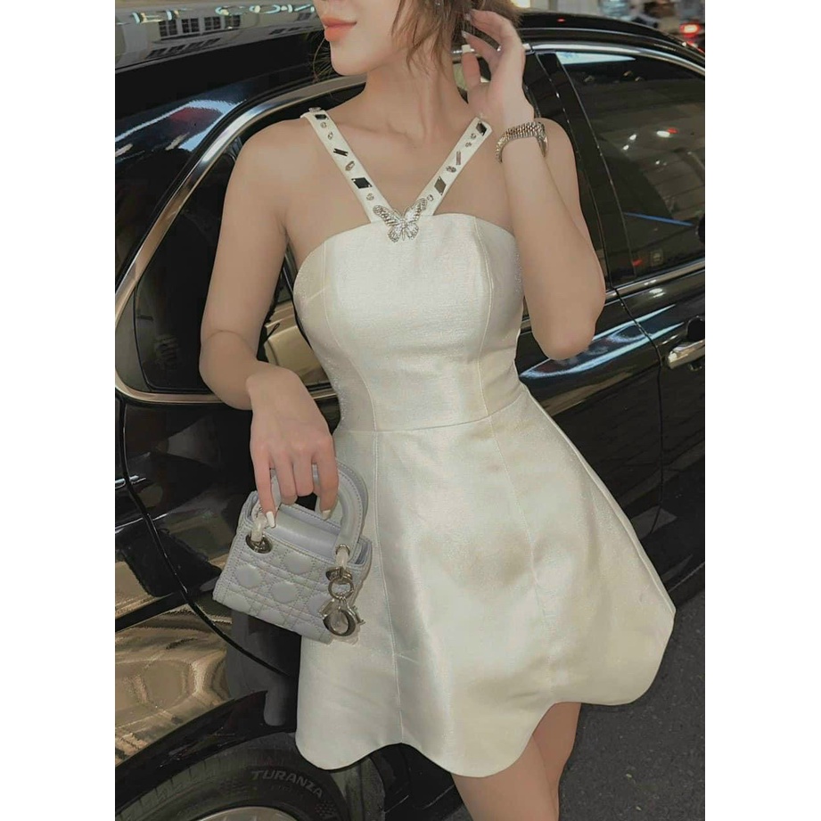 [3.3 Sales Freeship] Đầm nữ thiết kế đi tiệc, đầm cúp ngực cổ yếm đính cườm dáng ngắn chất tapda nhiều màu sang trọng dx