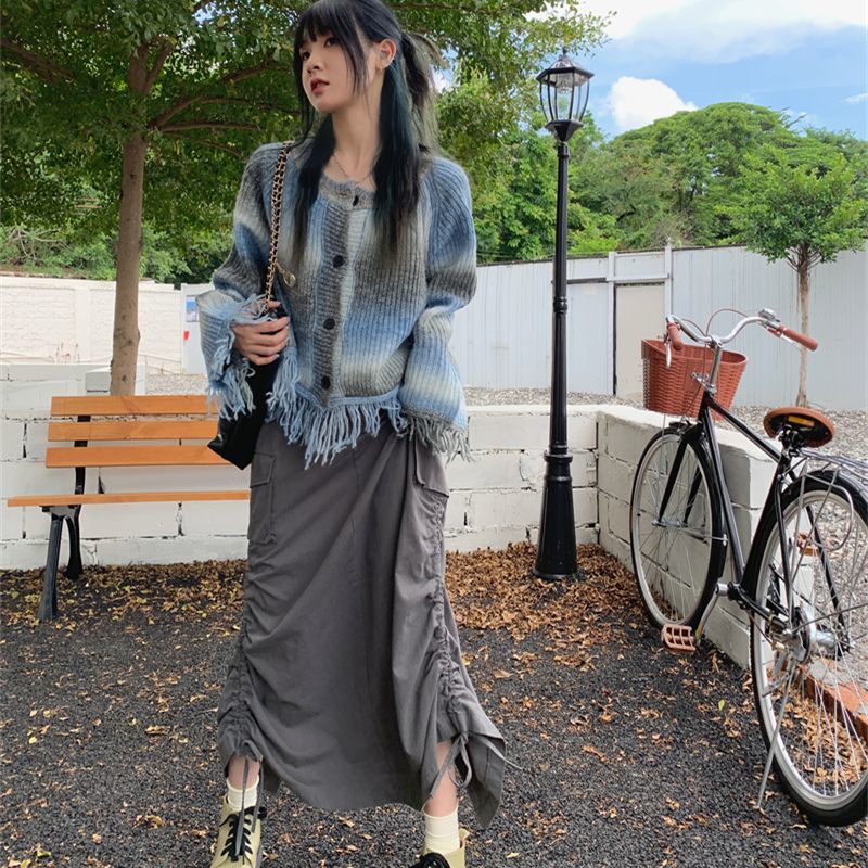 Áo Khoác Cardigan Cổ Tròn Dáng Rộng Màu Nhuộm Phối Tua Rua Phong Cách Hàn Quốc Thời Trang Mùa Thu Mới Cho Nữ