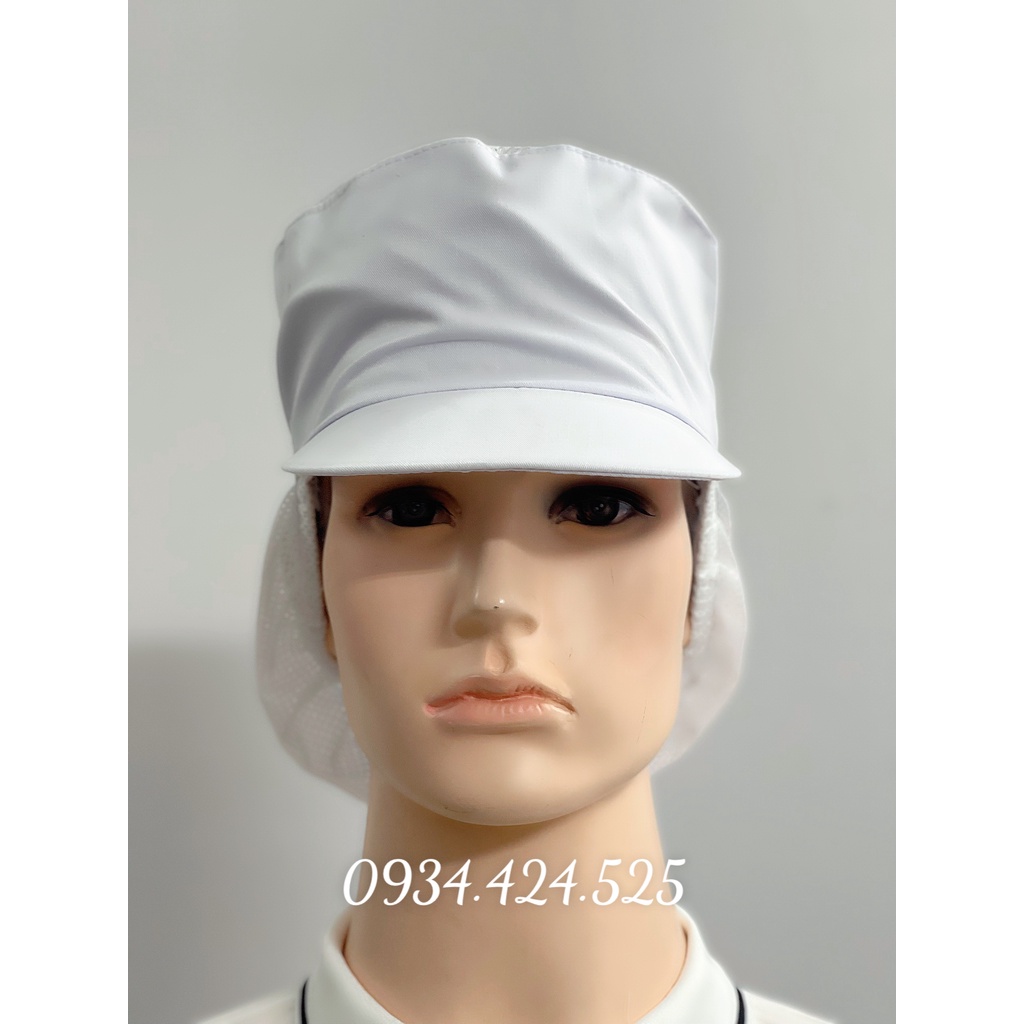 Mũ nón công nhân trùm có lưới trên chóp phối lưới màu trắng thủy sản- thực phẩm[ Hàng có sẵn]