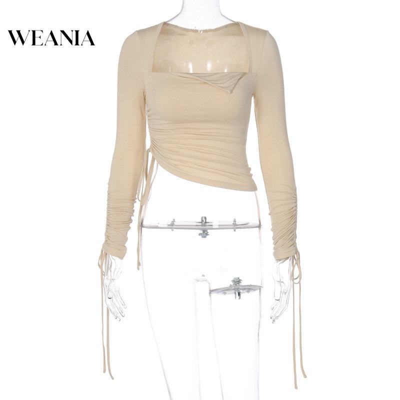 Áo Kiểu Tay Dài Cổ Vuông Phối Dây Rút Thời Trang Quyến Rũ Cho Nữ