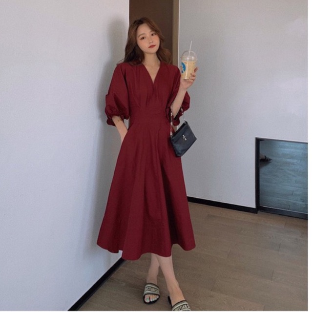 (Size 45-90kg) Đầm nữ dự tiệc cổ V cột nơ cổ phong cách Hàn Quốc - Forever Couple Store by Foxie Cou