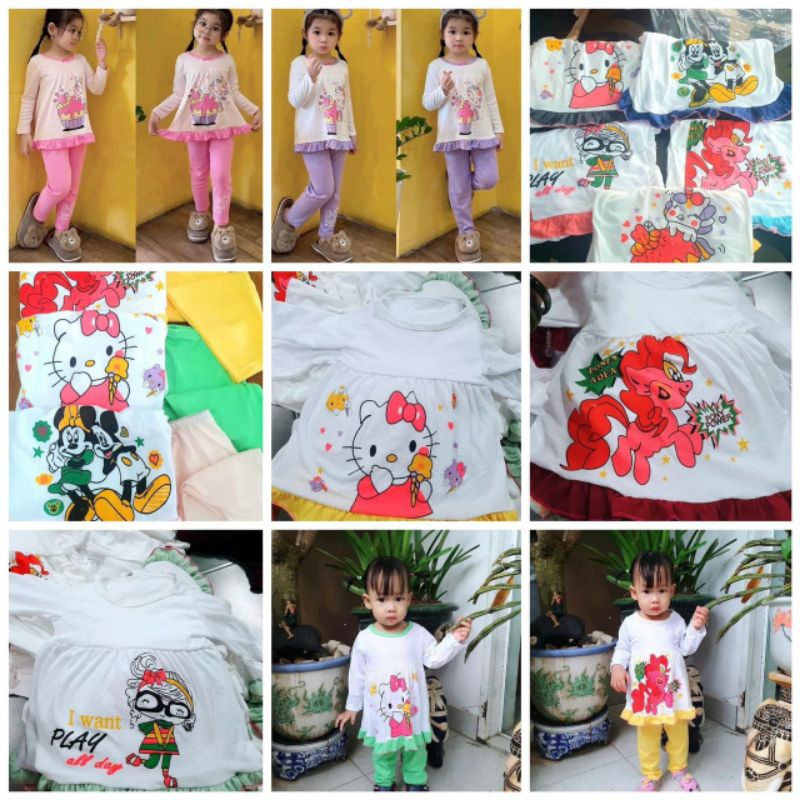 Xả kho | Bộ dài tay trắng in hình vạt nhún bèo kiểu babydoll siêu xinh cho bé yêu 7-17kg