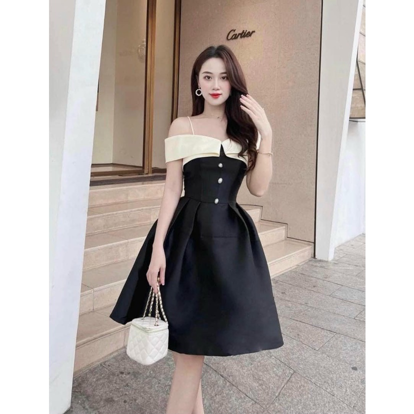 [3.3 Sales Freeship] Đầm tiểu thư nữ, đầm đen xòe chất tapda trễ vai dây phối màu trắng đính nút ôm eo đi tiệc quyến rũ