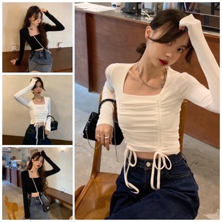Áo kiểu thun croptop tay dài cổ vuông phối chít hai bên Hàn Quốc cho nữ