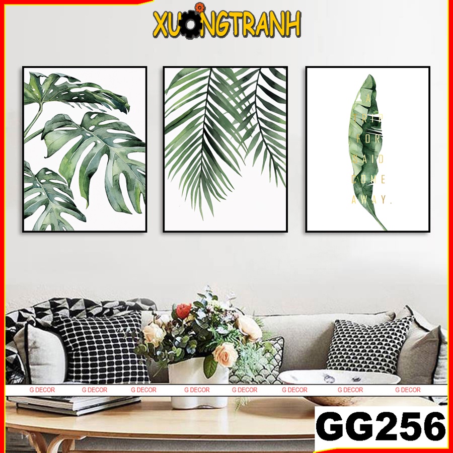 Tranh treo tường canvas 3 bức phong cách Bắc Âu 256, tranh lá cây trang trí phòng khách, phòng ngủ, phòng ăn, spa, store