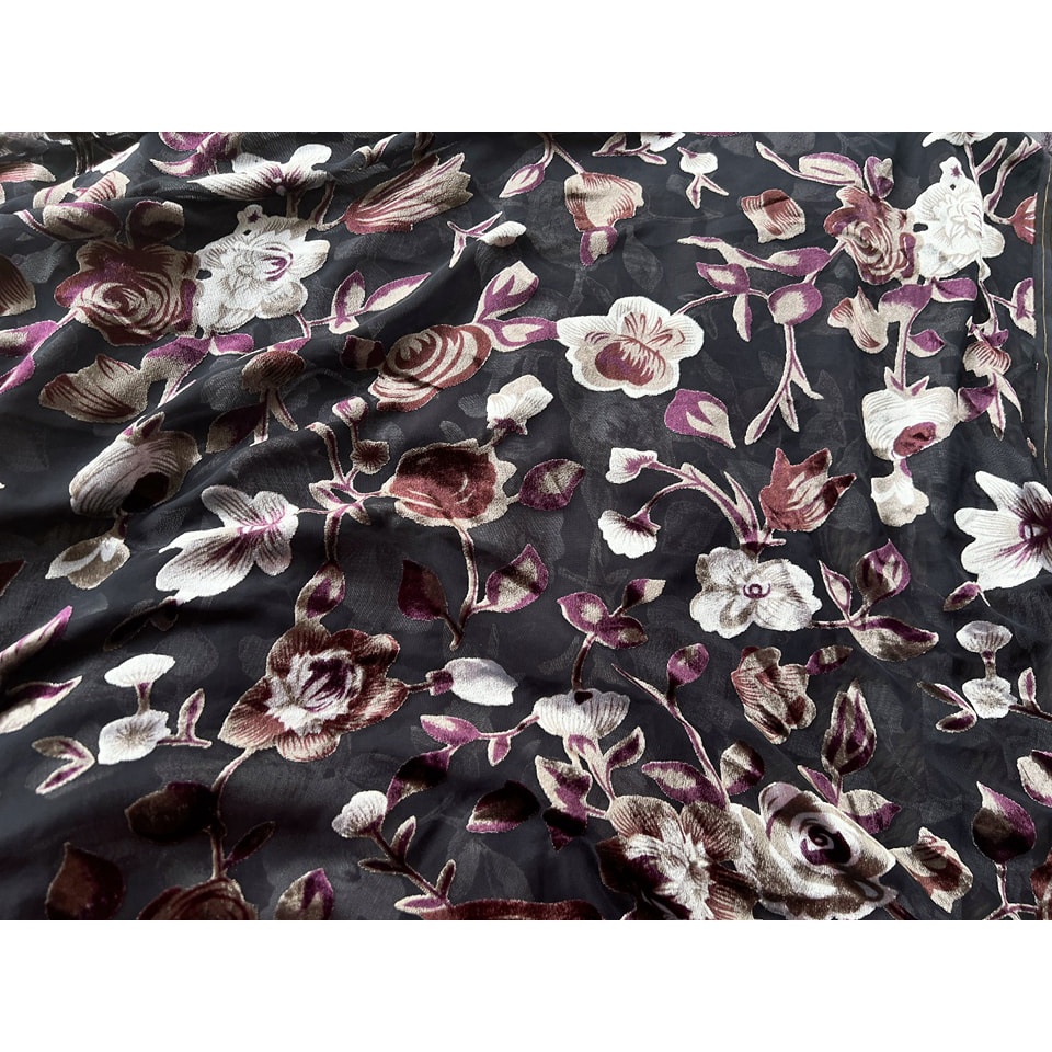 Vải nhung the tơ tằm ép hoa
