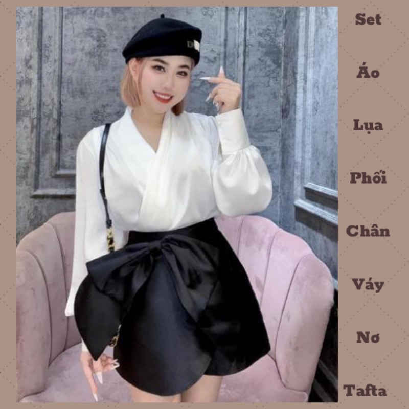 Set Áo Lụa Vạt Chéo Phối Chân Váy Nơ Tafta