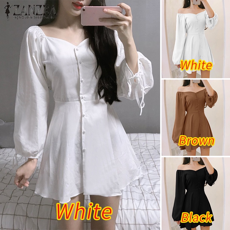 Zanzea Đầm Tay Phồng Cổ Tim Thời Trang Hàn Quốc Dành Cho Nữ