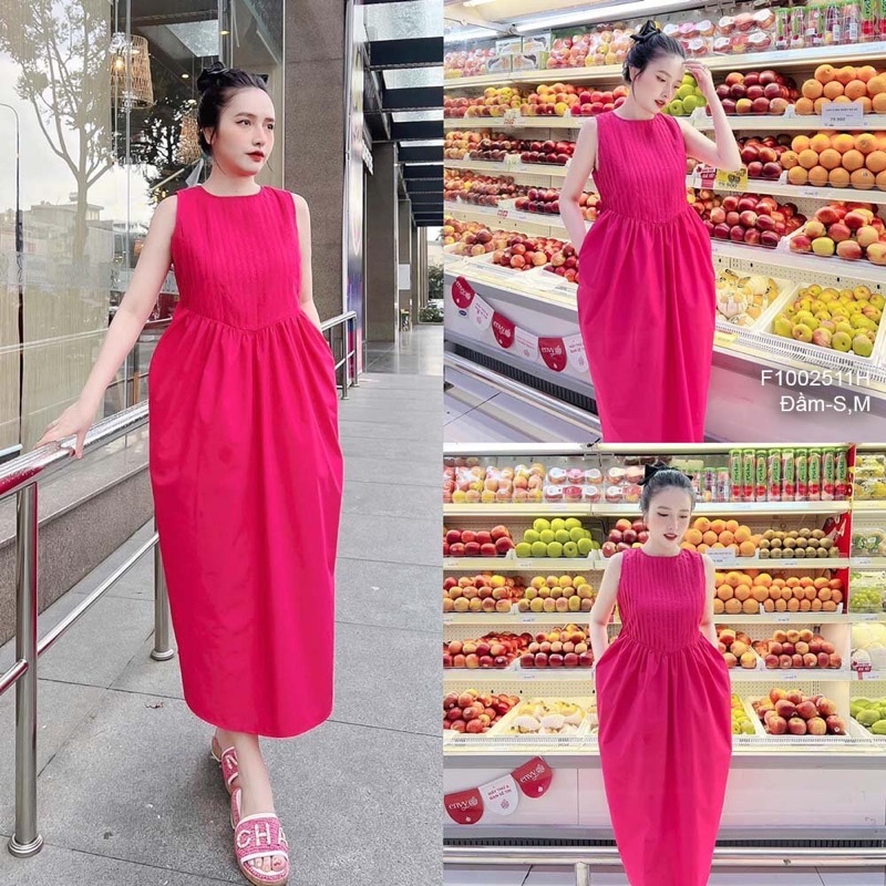 Đầm thô dáng dài xếp ly ngực tôn dáng transstore