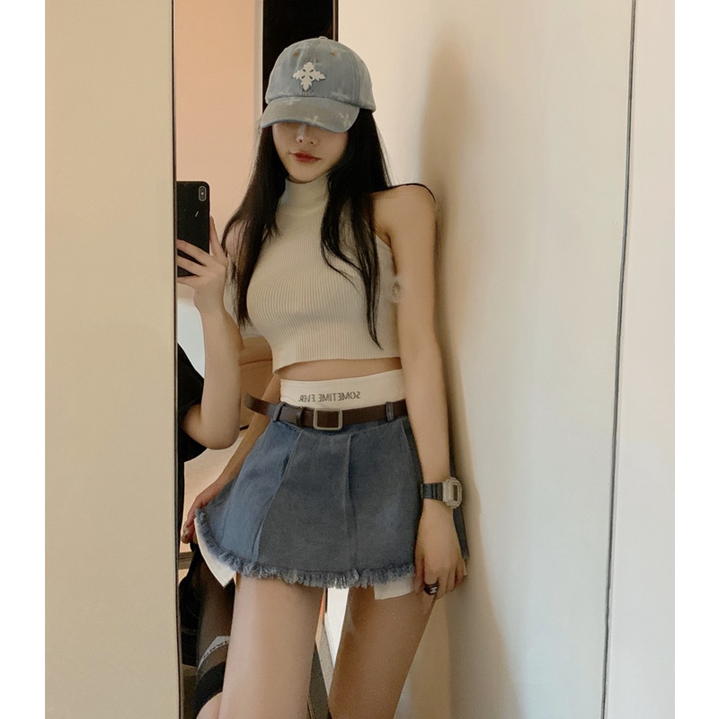 QKOOLE Chân váy jean  xếp li lưng cao thời trang cho nữ