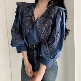 Áo kiểu phối ren cổ bèo ulzzang / Áo sơ mi kiểu cổ V tay phồng QC