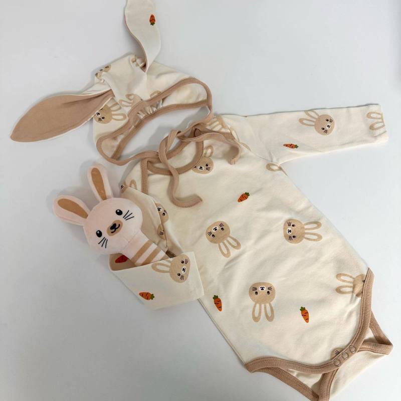 Set trang phục BCBL áo liền quần tay ngắn/ tay dài và mũ tai thỏ họa tiết cà rốt và thỏ hoạt hình xinh xắn cho bé 1 tuổi