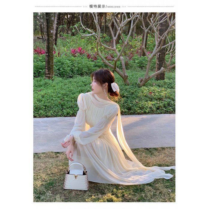 Byyyou Đầm Trắng Dáng Dài Nhấn Eo Tay Phồng Kiểu Pháp Cao Cấp Thời Trang Mùa Xuân