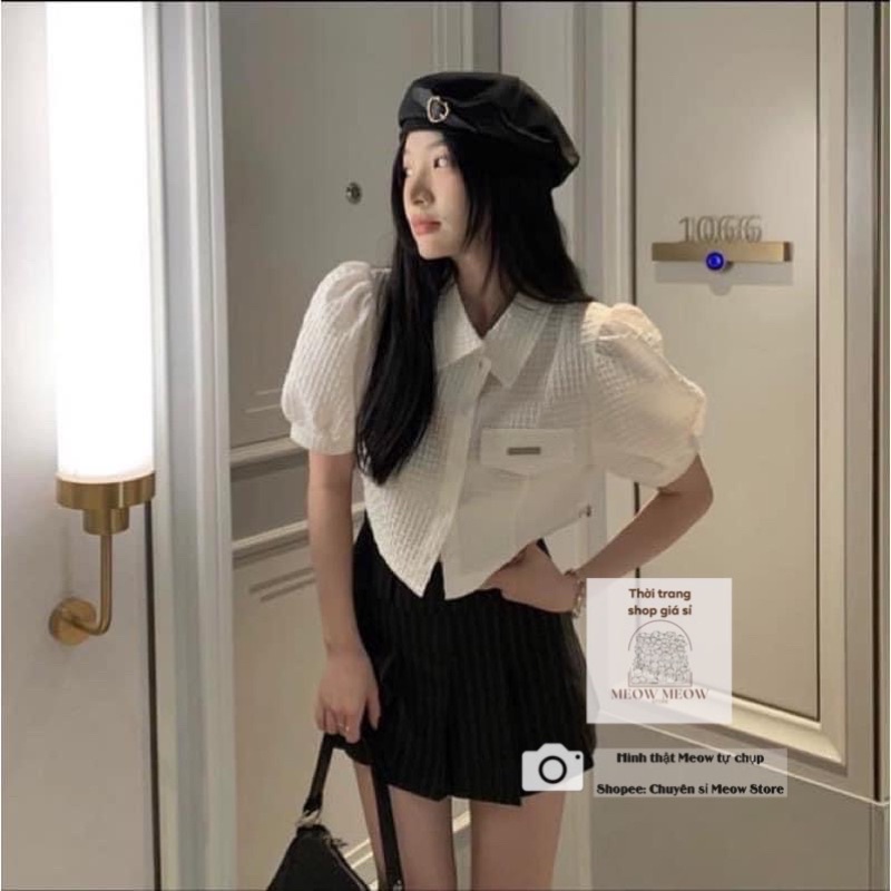 Áo sơ mi Xốp croptop vai phồng dây rút hông phối nắp túi gắn logo Ulzzang siêu đẹp