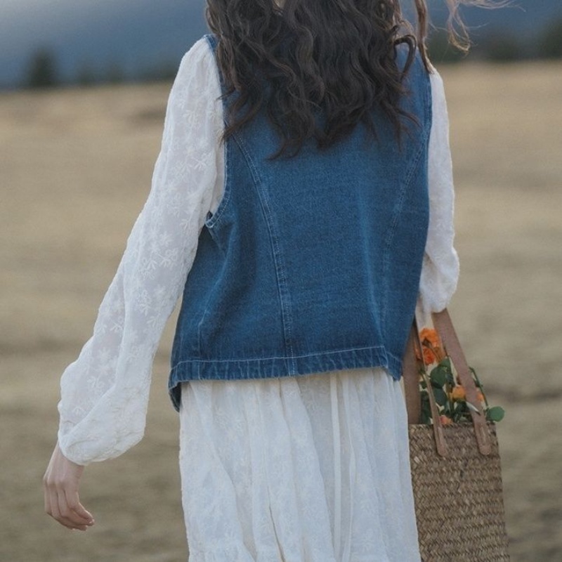 Áo Khoác Denim Không Tay Dáng Rộng Thêu Họa Tiết Phong Cách Cổ Điển Thời Trang Cho Nữ