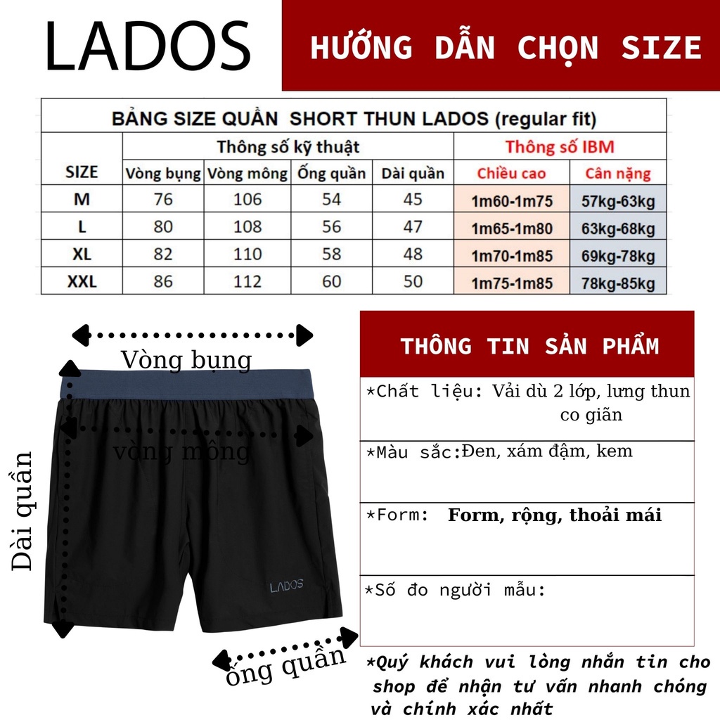Quần short nam thể thao dù 2 lớp LADOS 4080 lưng thun co giãn, túi kéo sau, form rộng chạy bộ, tập gym