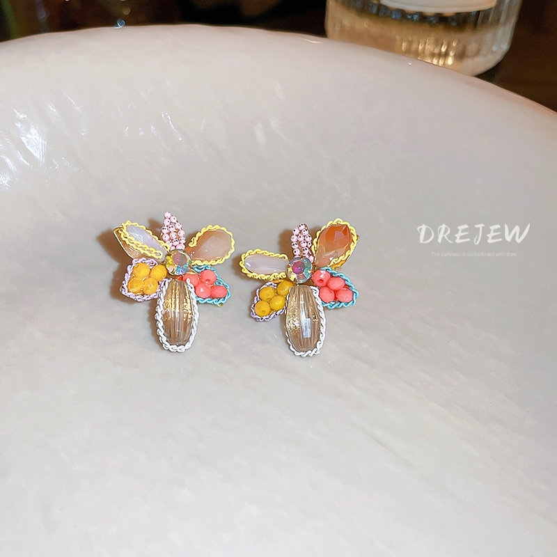 Khuyên tai DREJEW mạ bạc hình hoa đính đá dễ thương phong cách Nhật Hàn