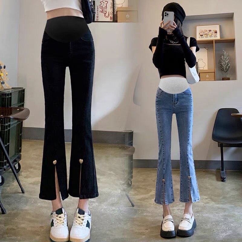 Quần jean bà bầu, quần bầu ống loe xẻ tà trước siêu đẹp