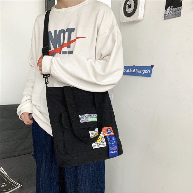 Túi đeo chéo canvas LABER LEE màu trơn đơn giản phong cách Hàn Quốc