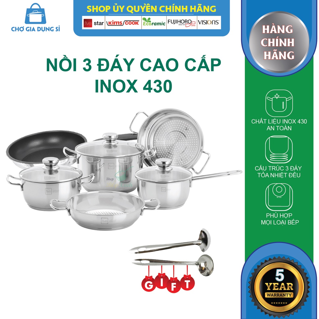 Bộ nồi chảo xửng hấp 3 Đáy Inox 430 cao cấp Fivestar Standard bếp từ nắp kính , tặng 2 vá canh