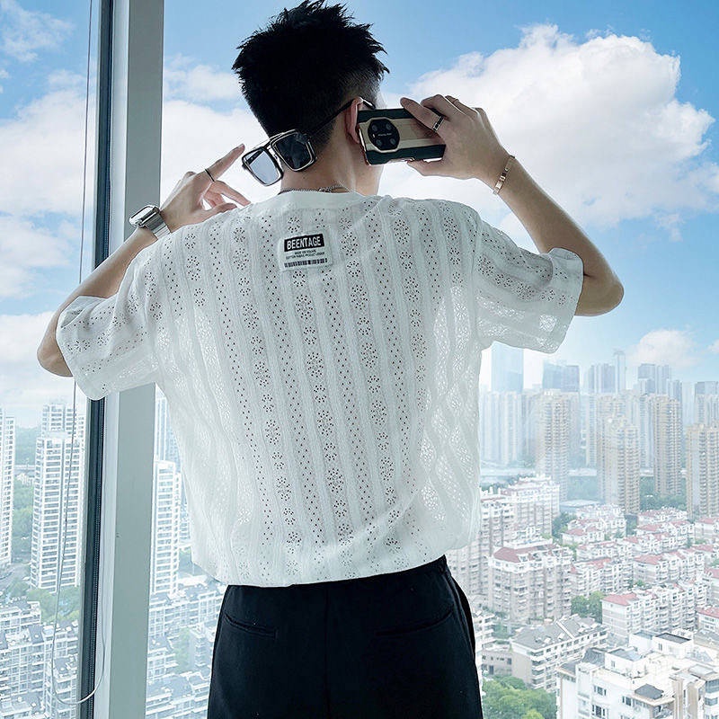 Áo nam đục lỗ dệt mỏng tay ngắn form rộng trendy mùa hè Fmw7