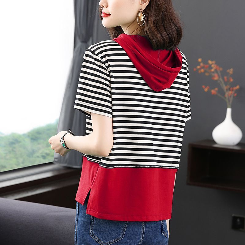 Áo Thun Cotton Tay Ngắn Dáng Rộng Có Nón Họa Tiết Kẻ Sọc Thời Trang Mùa Hè Mới Cho Nữ