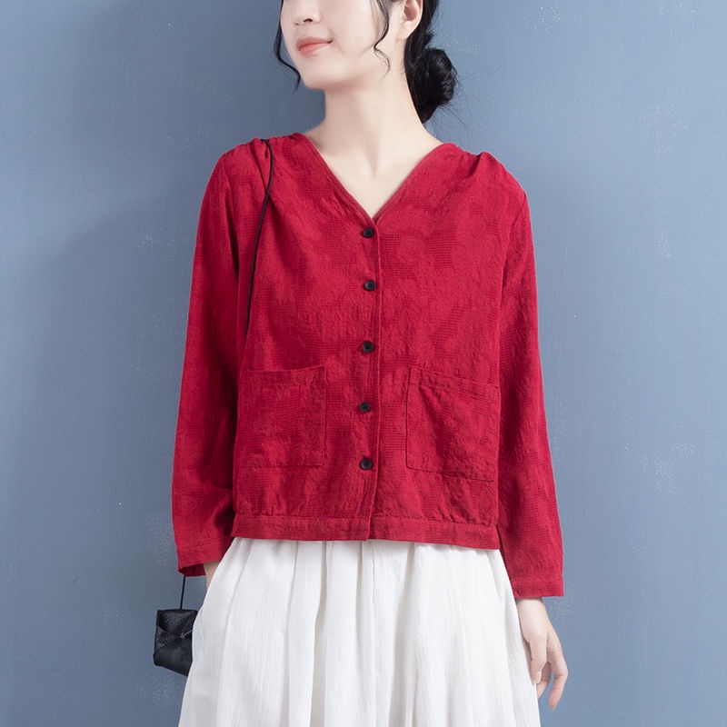 Áo Khoác Cotton Lanh Ngắn Dáng Rộng Cổ Chữ V Thời Trang Mùa Xuân Mới 2023 Kích Thước Lớn M-4xl