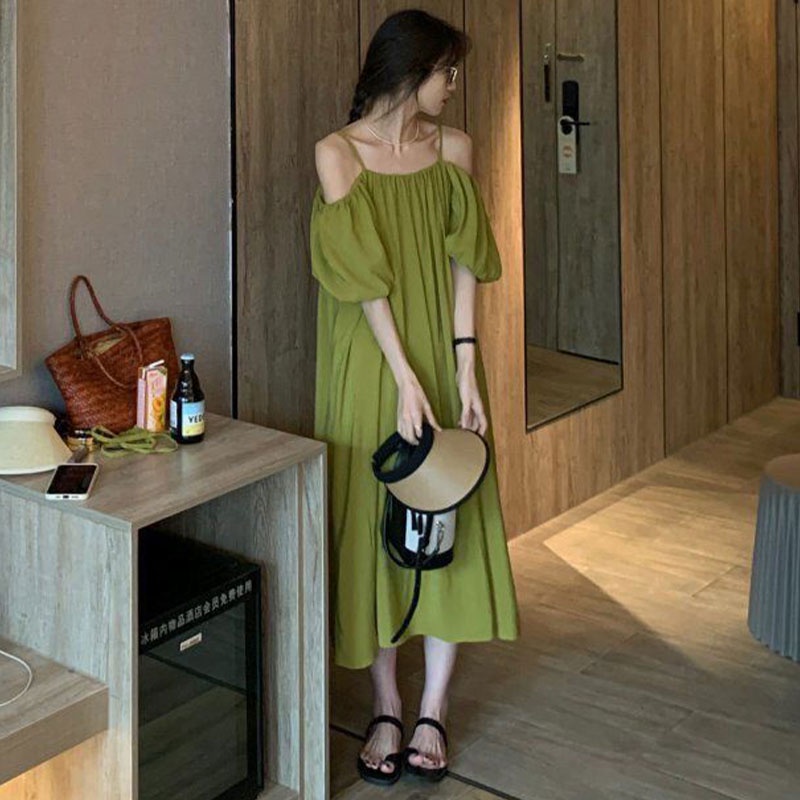 Đầm Maxi Trễ Vai Dáng Chữ A Màu Xanh Lá Phong Cách Pháp Thời Trang Cho Nữ