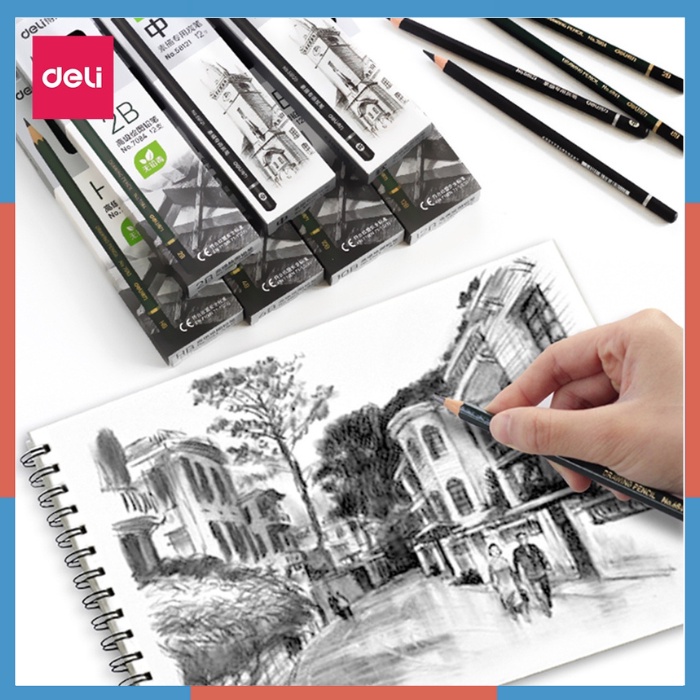 Bút chì cao cấp 2B- 6B Deli - 12 cây/hộp, nét đậm không gãy- 7084/6836/6846/6848