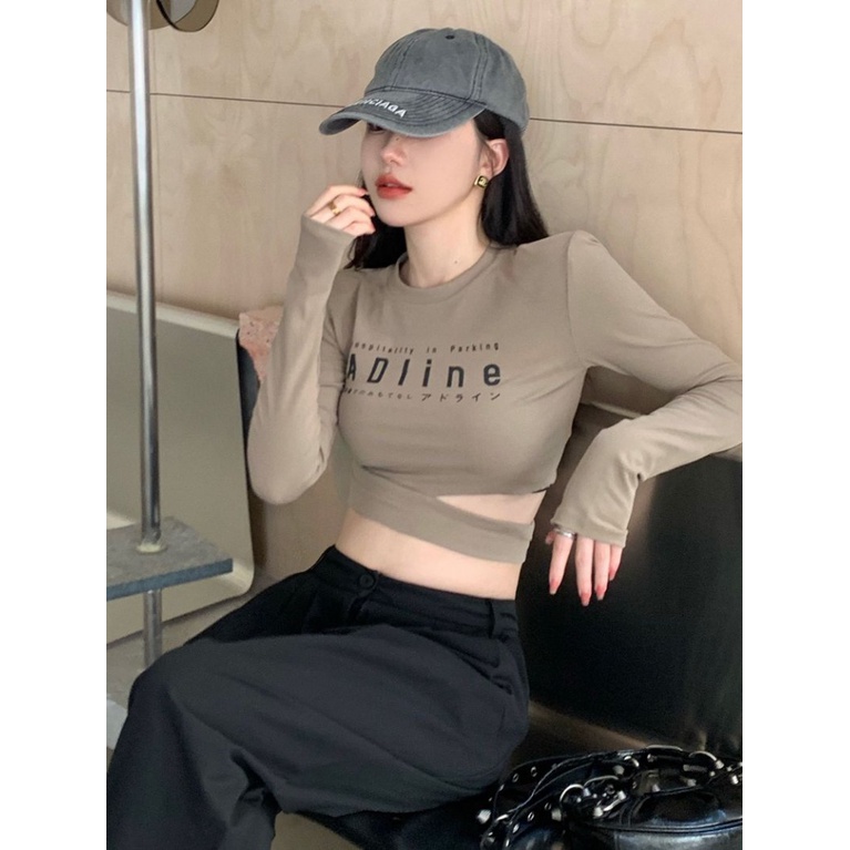 Áo Thun croptop Tay Dài In Chữ Cá Tính Cho Nữ