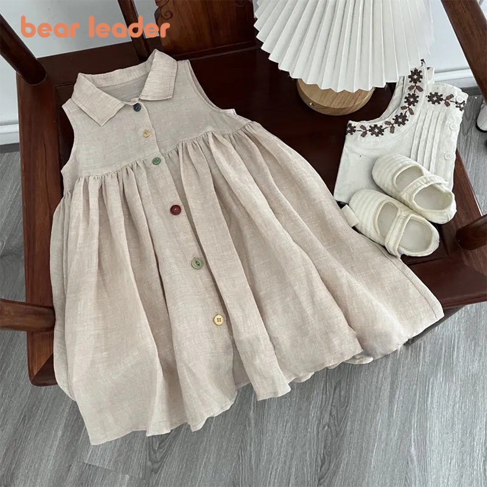 BEAR LEADER Đầm Vải Cotton Không Tay Thời Trang Mùa Hè 2023 Dành Cho Bé Gái 3-7 Tuổi