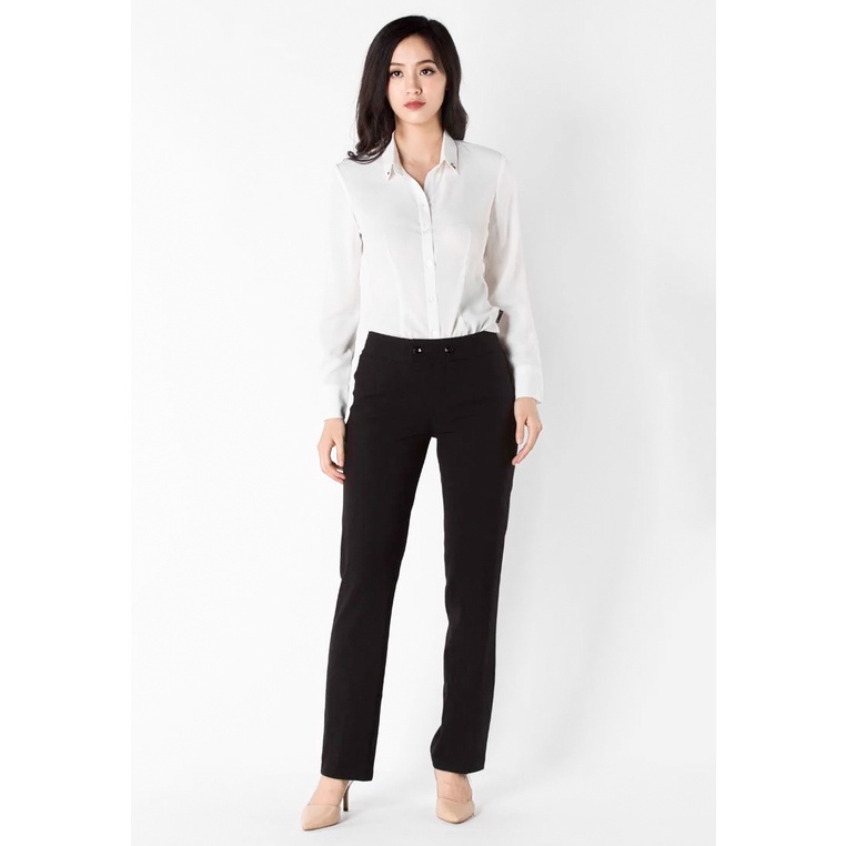 Quần ống đứng gạo đen cạp 5 cm quai nhê 2 khuy túi chéo The One Fashion QL205DE2