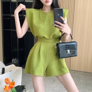 Set áo thun sát nách và quần short lưng cao ống rộng thời trang mùa hè cho nữ