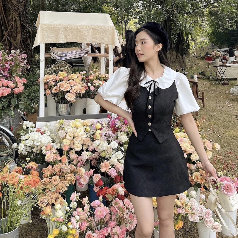 Set Váy 3 Món Gồm Áo Gile Mix Sơmi Trắng Kèm Chân Váy Dylei Có Ảnh Thật