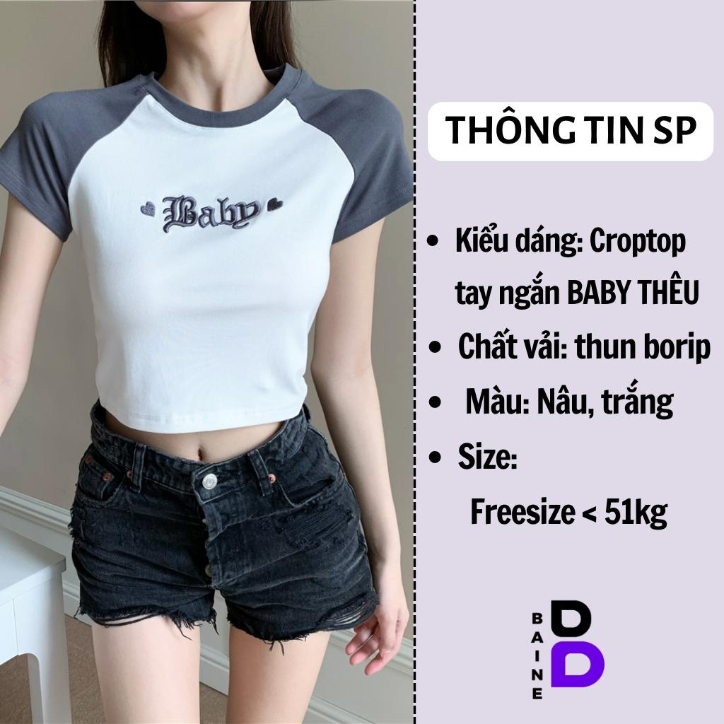Áo Croptop Cổ Tròn Tay Ngắn BABY THÊU Chất Thun Borip Kiểu Sexy Nữ, Áo Thun Ôm Body In Hoạ Tiết Đẹp Tôn Dáng BAINE