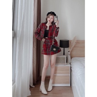 Set Dạ Đỏ Sọc Đen Tay Dài - S31073