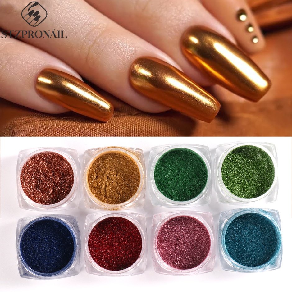 Set 8 hộp bột phủ móng tay STZPRONAIL màu sắc ánh kim khác nhau tráng gương có 8 cọ cao cấp