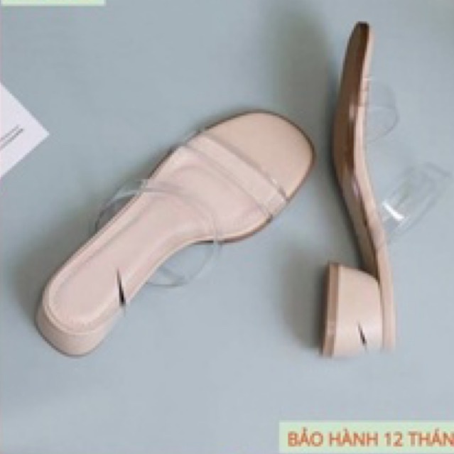 Dép guốc gót vuông 3 phân 2 quai ngang mica trong