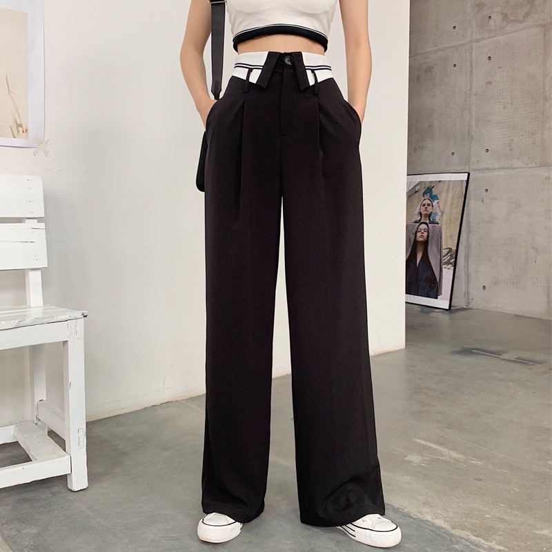 Quần Ống Rộng Culottes Nữ Cạp Bẻ Phối Viền, Quần Ống Suông Cạp Cao Chất Dày Dặn Phong Cách Hàn Quốc