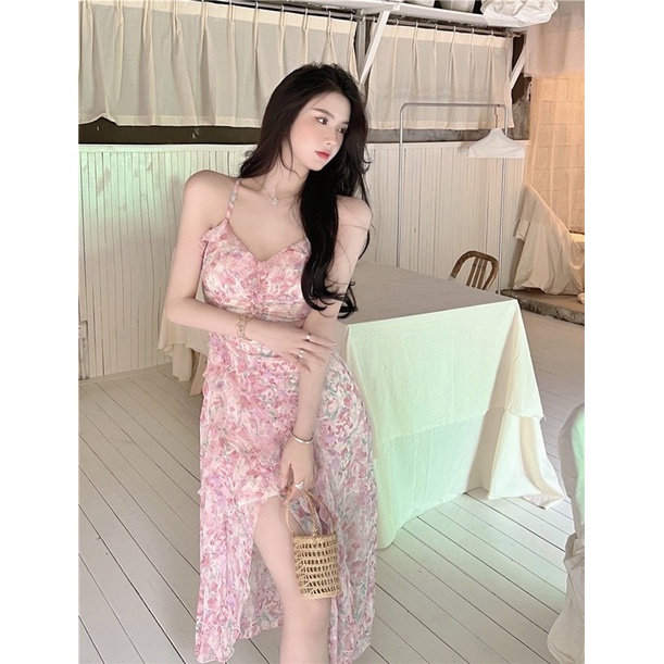 Váy hoa nhí hai dây xẻ tà phong cách Pháp V21H