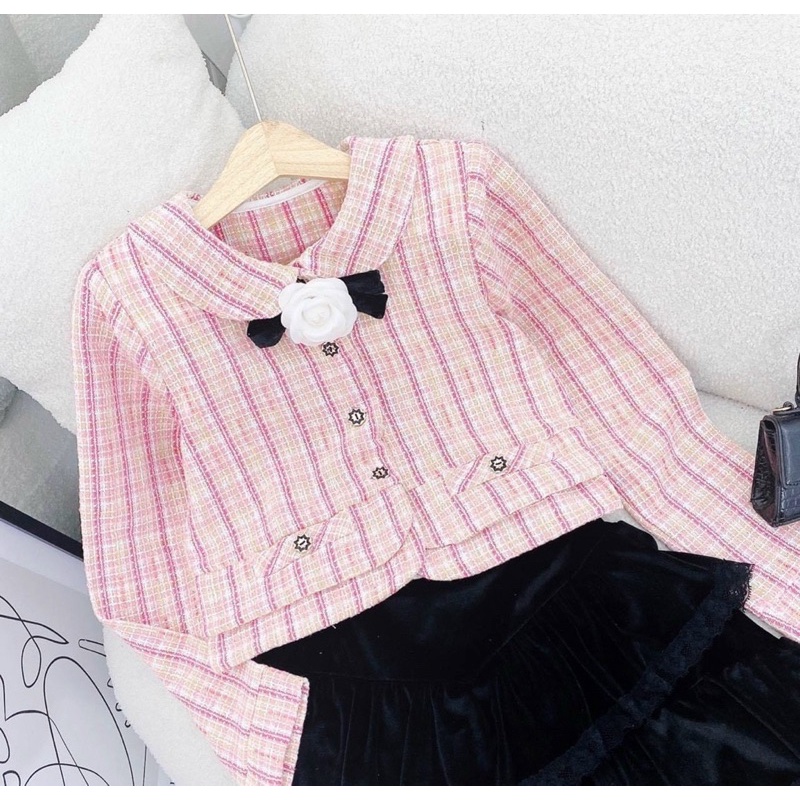 SET ÁO DẠ CARO TAY DÀI + CHÂN VÁY NHUNG VIỀN REN