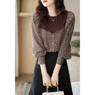 Áo sơ mi cổ tròn dệt kim thêu hoa phong cách mới A