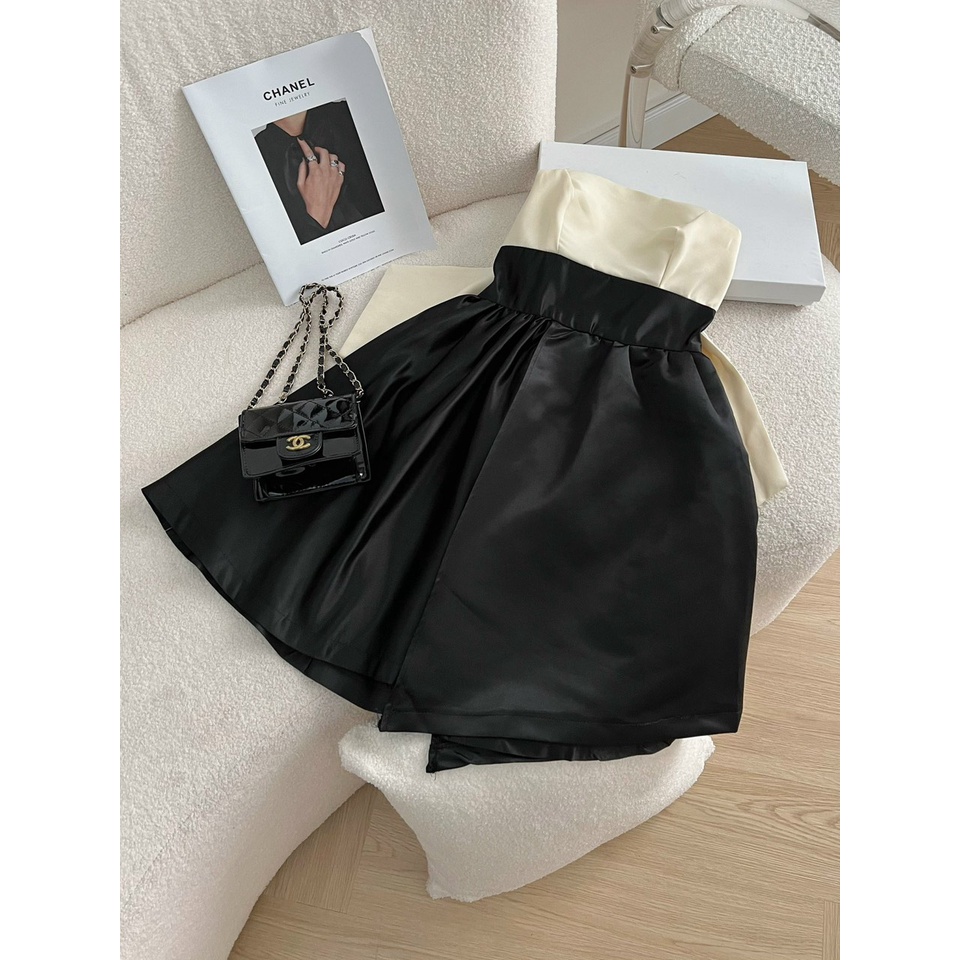 Váy cúp ngực dáng ngắn EMIX, đầm phối tacta xinh, nơ sau, không có mút, size dưới 54kg