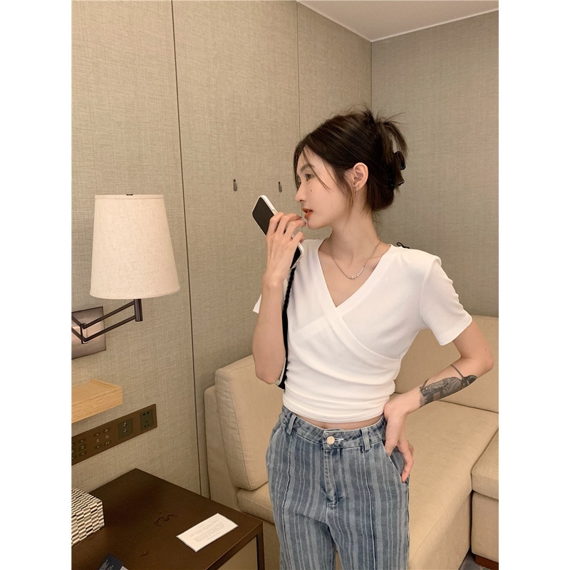 [3 Màu Sắc] Áo Thun Thiết Kế Cổ Chữ V Chéo Tay Ngắn