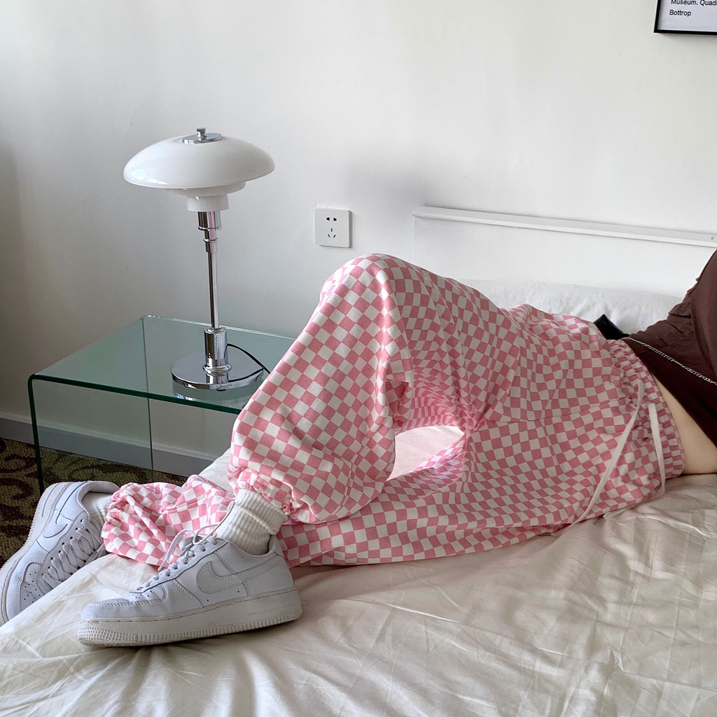 ZHELIHANGFEI Quần Legging Thể Thao Ống Rộng Họa Tiết Sọc Caro Phong Cách Đường Phố