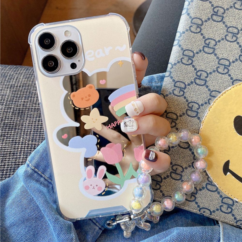 Ốp Điện Thoại TPU Mềm Tráng Gương Họa Tiết Gấu Hoạt Hình Kèm Dây Đeo Cho IPhone 14 13 12 11 Pro Max
