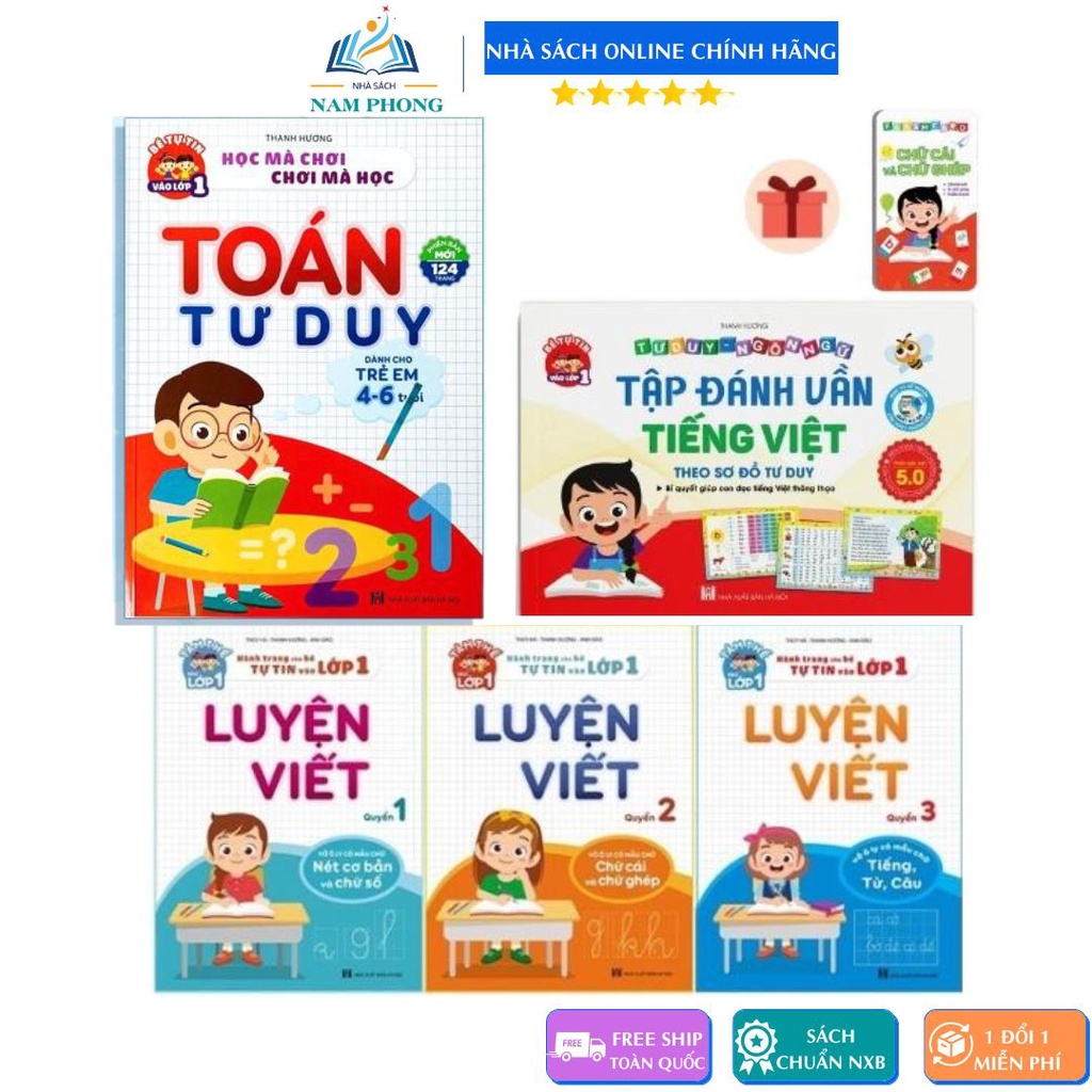 Sách - Hành Trang Cho Bé Chuẩn Bị Vào Lớp 1 - Toán Tư Duy Tập Đánh Vần 4 6 Tuổi Và Bộ 3 Vở Luyện Viết (Tặng Bộ Thẻ Học)