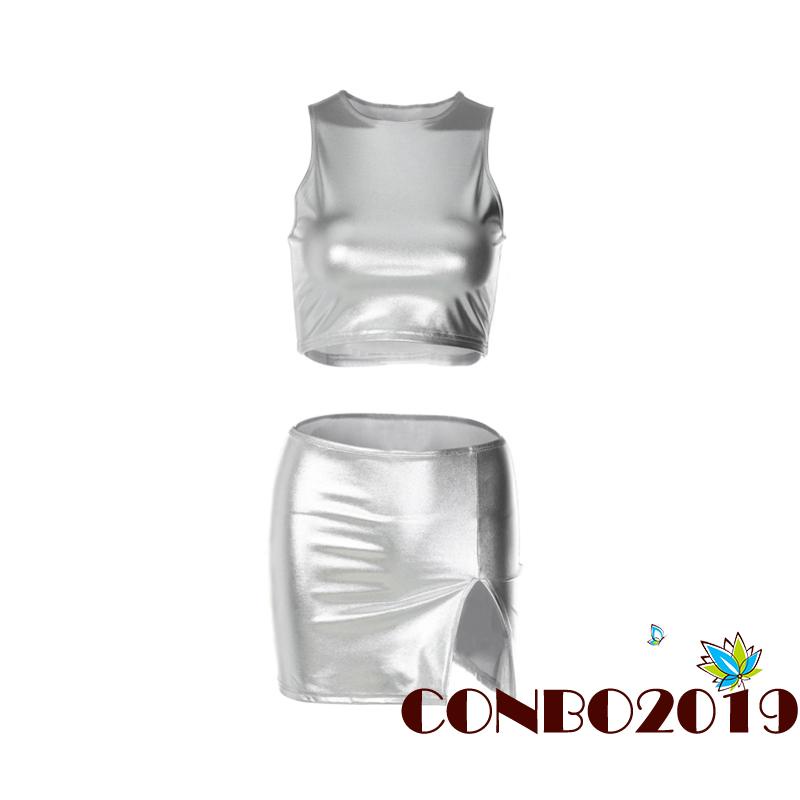 Set Đồ Mùa Hè 2 Món Gồm Áo Ba Lỗ Cổ Tròn Màu Trơn Sáng Bóng + Chân Váy Ngắn Xẻ Tà Mini Cho Nữ